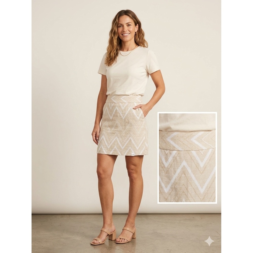 Banana Republic Mini Skirt Womens 4 Tan Chevron Linen Cotton Summer Pocket